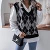 Women Spring Fall Knitted Vest Sweater Jumper Pullovers Top V-neck Sleeveless Diamond Patchwork Stitching S-L