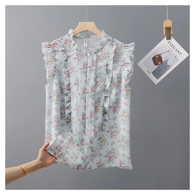 Ladies Summer French Sleeveless Top Thin Elegant Chiffon Printed Top