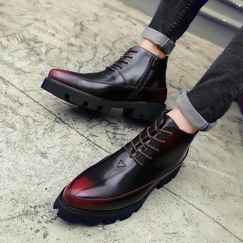 2024 Patent Leather Glossy High Top Pointy English Style Inside Heightening Men's Shoes Zipper Rivets Casual Leather Shoes
