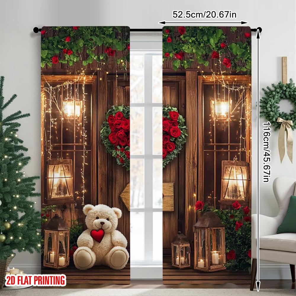 2pcs 2D Flat Printing Merry Christmas Popular Window Curtains Red Rose Wood 0 Fabric Without Electricity Festive Wall Decor for