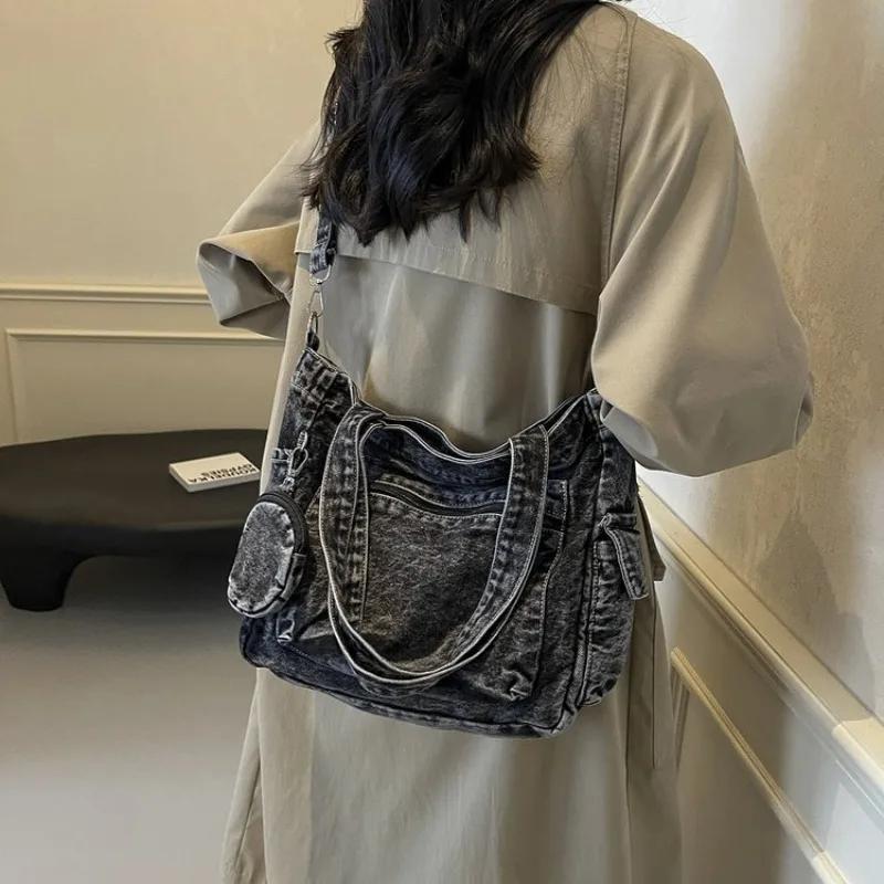 2026 Nuove Borse a Tracolla Colore Solido Semplicità Giovanile Borse da Donna Casual Denim Zip Filo di Cucitura Borse a Spalla