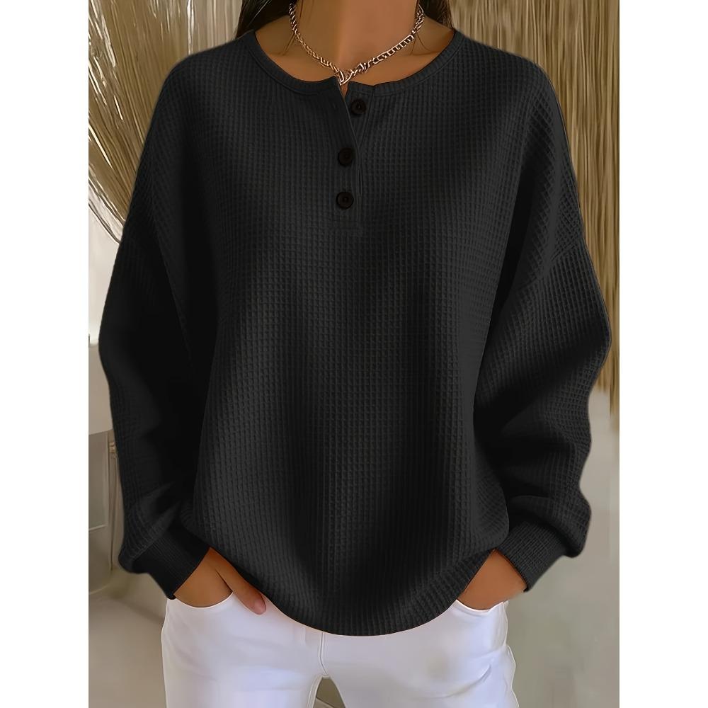 Plus Size Women Waffle Knit Long Sleeve Top, Solid Color Henley Neck Button Loose Pullover, Ladies Casual Daily