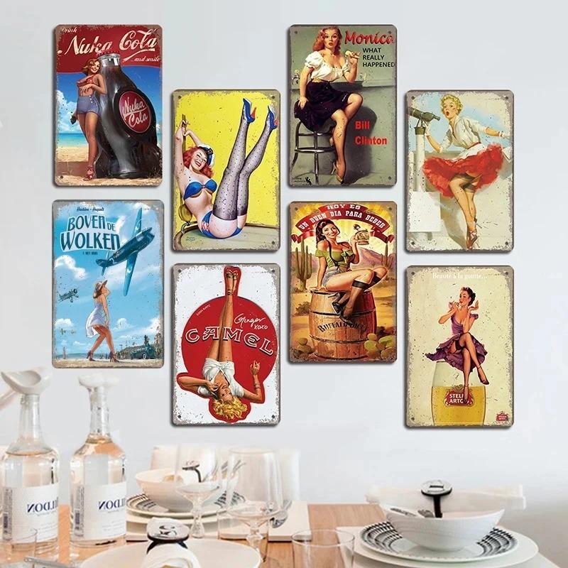 Vintage Metal Sexy Girl Pin Up Girls Plaque Tin Signs Cola Beer Airplane Metal Poster Retro for Bar Pub Club Home Wall Art Decor