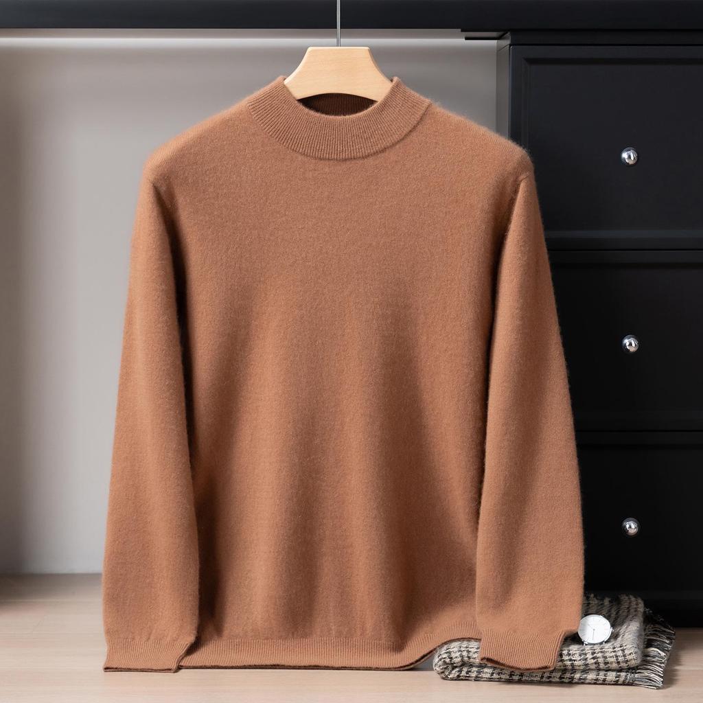 Men's 12-Gauge Double-Layer Cashmere Sweater, Half-High Collar, Long-Sleeve, Business Casual, Warm Knitted Base Layer