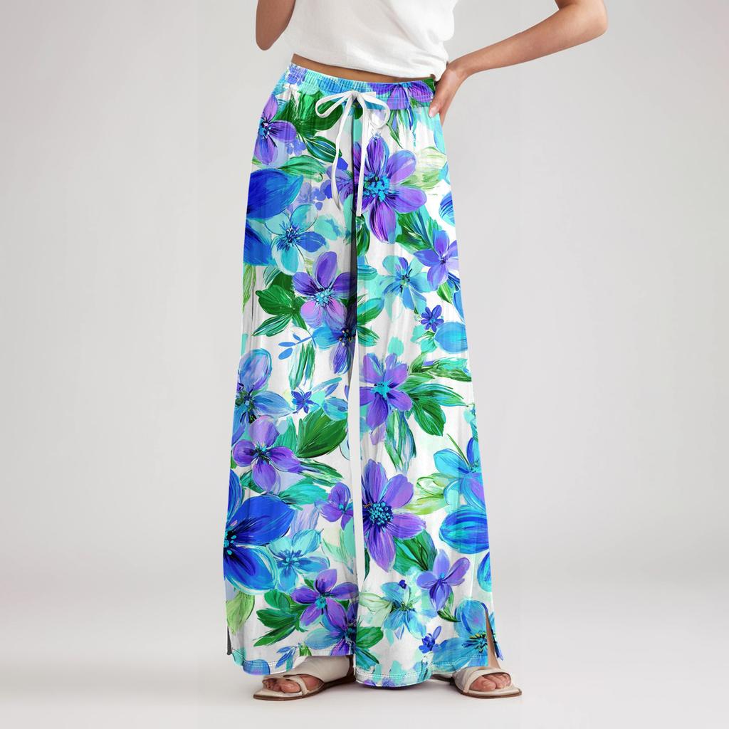 Women's Loose Casual Floral Print Wide Leg Pants With Elastic Waist Drawstring And Pocket Pants
