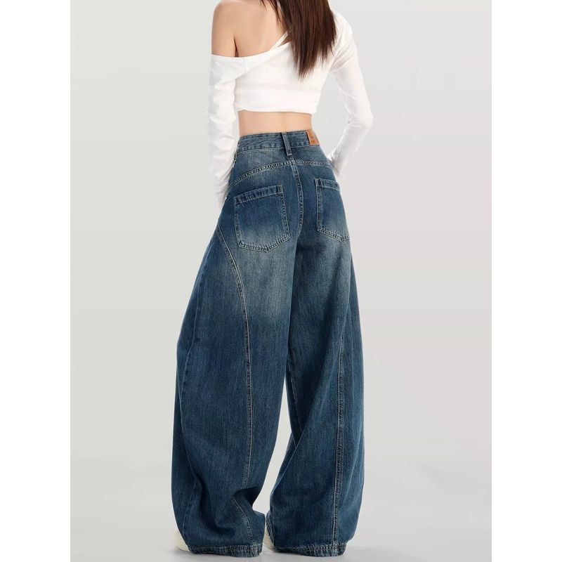 

Plus-Size Women s Summer New High-Waisted Loose-Fitting Slimming Drape Wide-Leg Jeans Scythe Pants Retro Blue 4XL