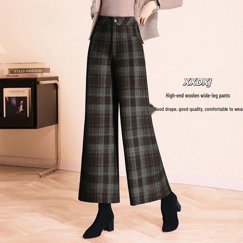 

2025 High Waist Plaid Wool Wide-Leg Pants with Plus Velvet – Autumn/Winter Casual Loose Cropped Style 4XL 146-155 lbs