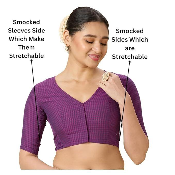 Women Cotton Half Sleeve Madras Checks Saree Blouse with Stretchable Sides