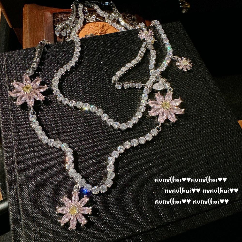 Papalacha Peach Blossom Gem Necklace, Rich Daughter Gold, Plated With 18K Gold, Rich Flower Zircon Earring Set.