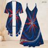 Women Plus Size Two Piece Set Short Sleeve Cardigan V Neck Strappy Star Printed Red Blue White Flared Dress