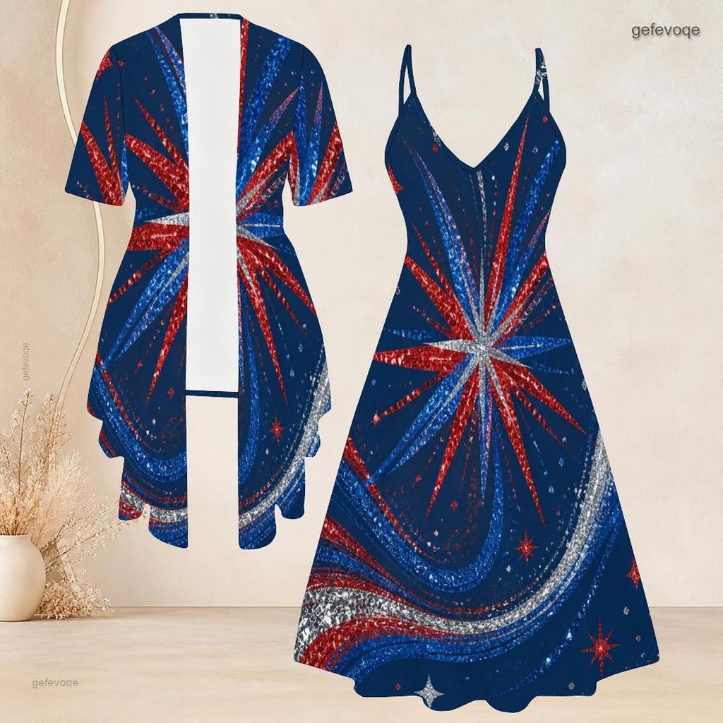 Women Plus Size Two Piece Set Short Sleeve Cardigan V Neck Strappy Star Printed Red Blue White Flared Dress