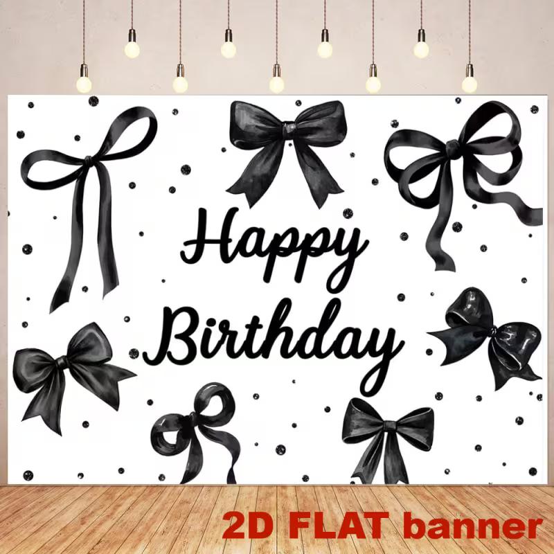 2D Minimalist Black Bow Backdrop - Monochrome Ribbon Banner for Modern Birthday Photoshoot