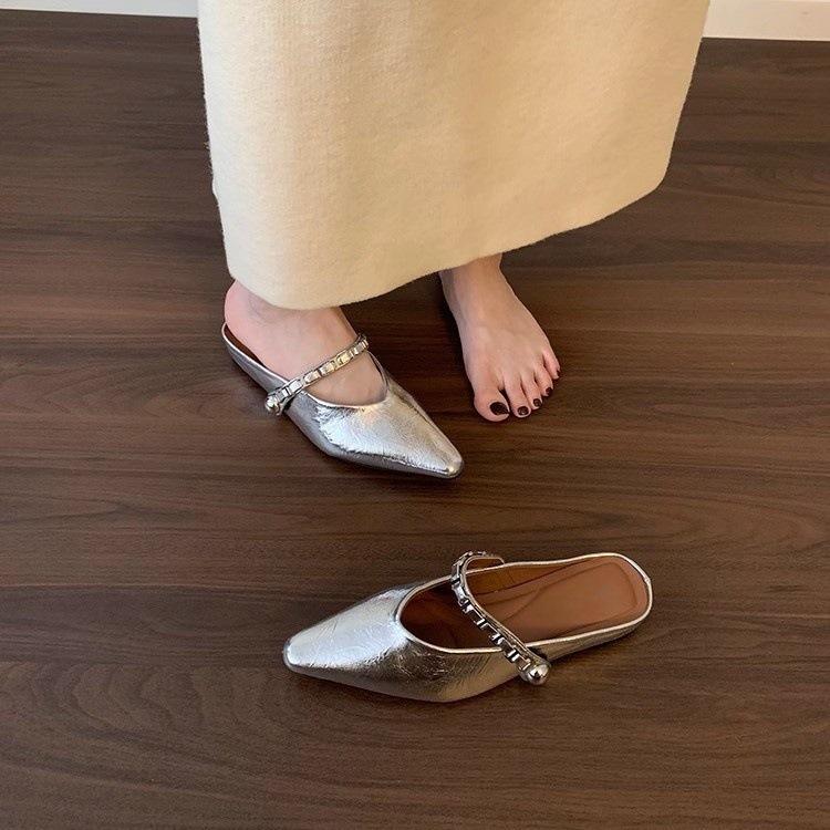 Inner heightening shoes Mary Jane half slippers silver single shoes spring and summer one-pedal women's shoes bag head cool slippers