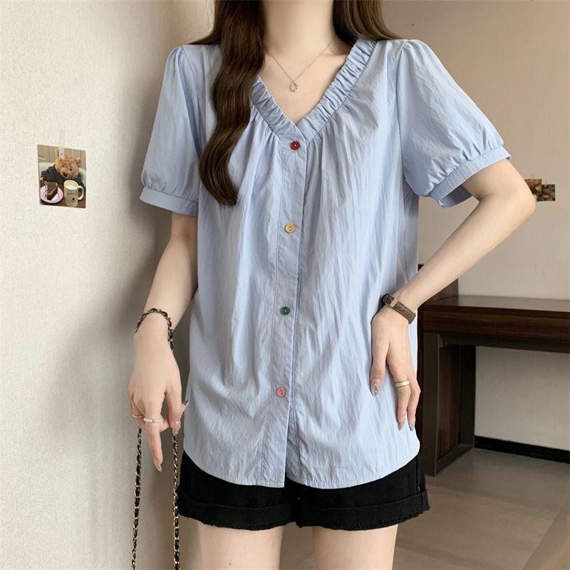 Colorful Button V-neck Women's Shirts Comfortable Casual Summer Blouse Korean Minimalist Versatile Ladies Clothing