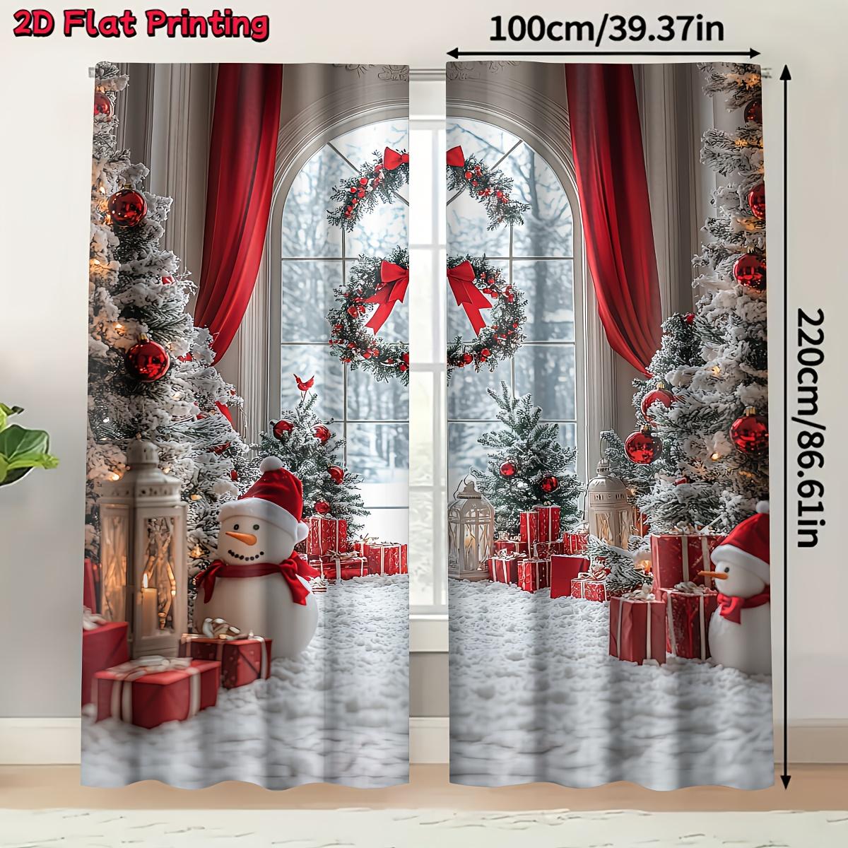 

Set Of 2 Snowman Tree Christmas Curtains Flat Print Polyester Living Room Bedroom Study Decor Curtain For Sitting Made With Rod Pocket Machine W100*H70(CM)-Hooks&1PCS