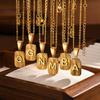 Stainless Steel Engraved Geometric Square & Letter Pendant Gold Necklace for Women