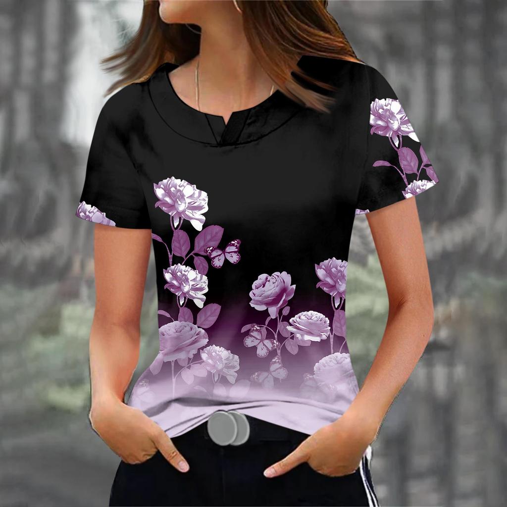 Women's Fashionable Casual Prints Short Sleeved Round Neck T-shirt Top