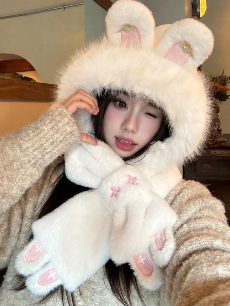 New New Year's rabbit plush hat scarf integrated female cute winter cycling warm scarf female cute