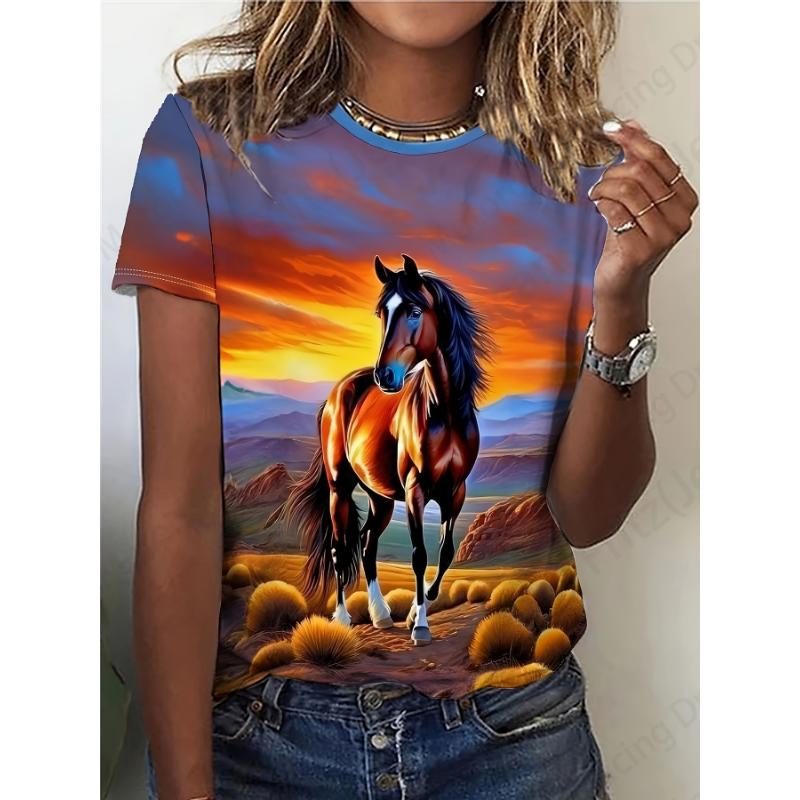 Maglietta Estiva Vintage da Donna Cavallo Stampa 3d T-shirt Donna Moda T-shirt Girocollo Manica Corta T Shirt Bambini Top Magliette Animale