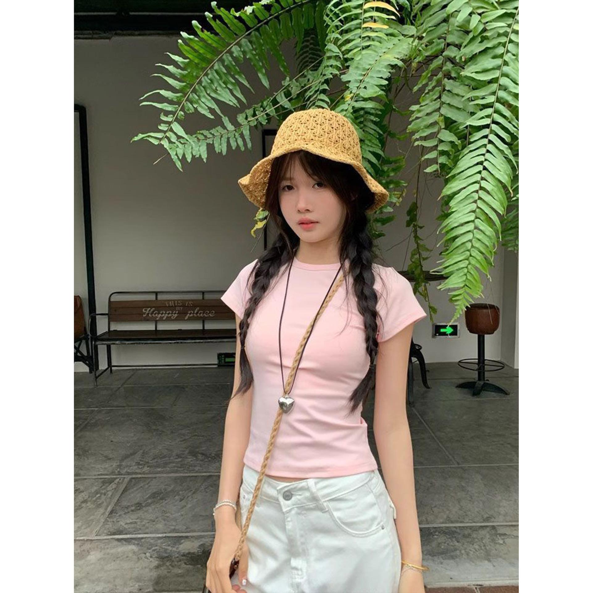 

OOTD front shoulder crew neck slim-fit short-sleeved T-shirt women s summer new hot girl pinched waist slim short top 2XL