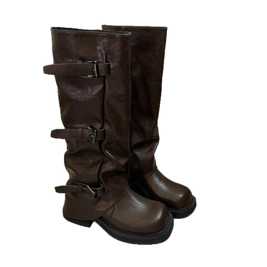 2025 Spring and Autumn New American Retro Style Pleated Design Thick Heel Belt Buckle Personalized Versatile Medium Boots Women