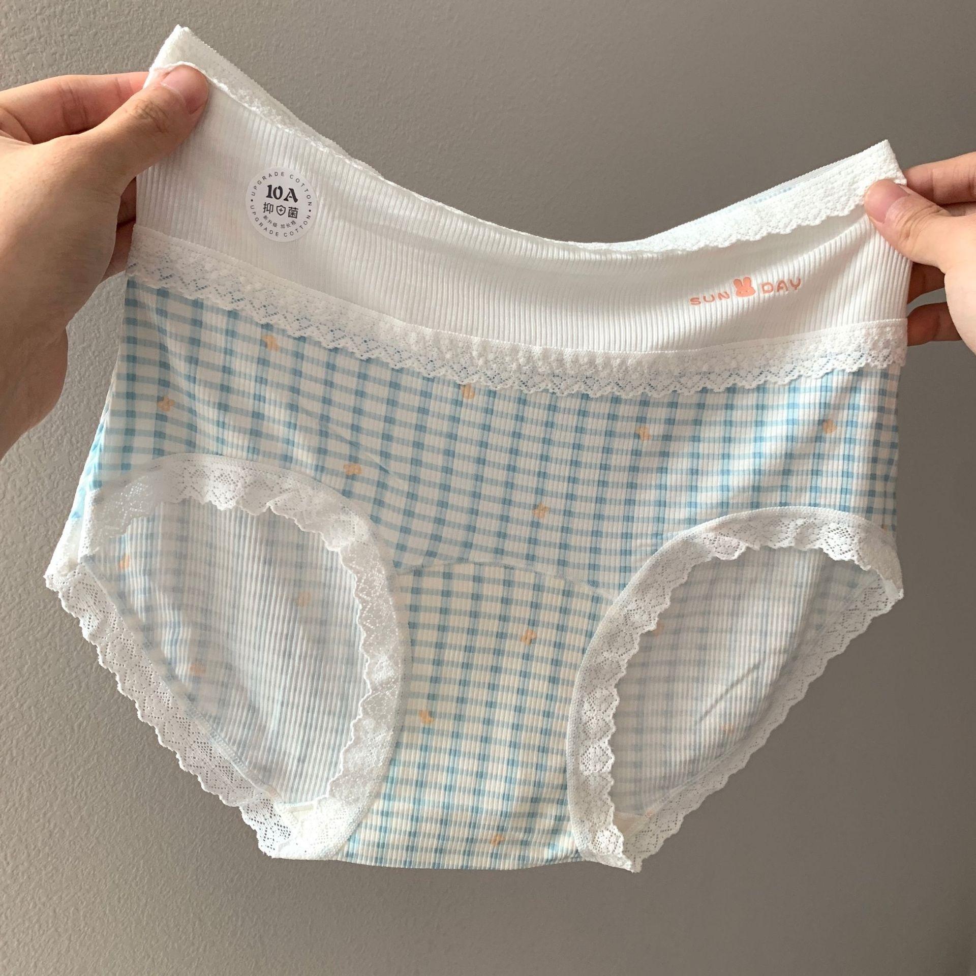 

Large Size Female Summer Fashion New Gingham Silk with Long Crotch High Waist Triangle Briefs 3XL синій