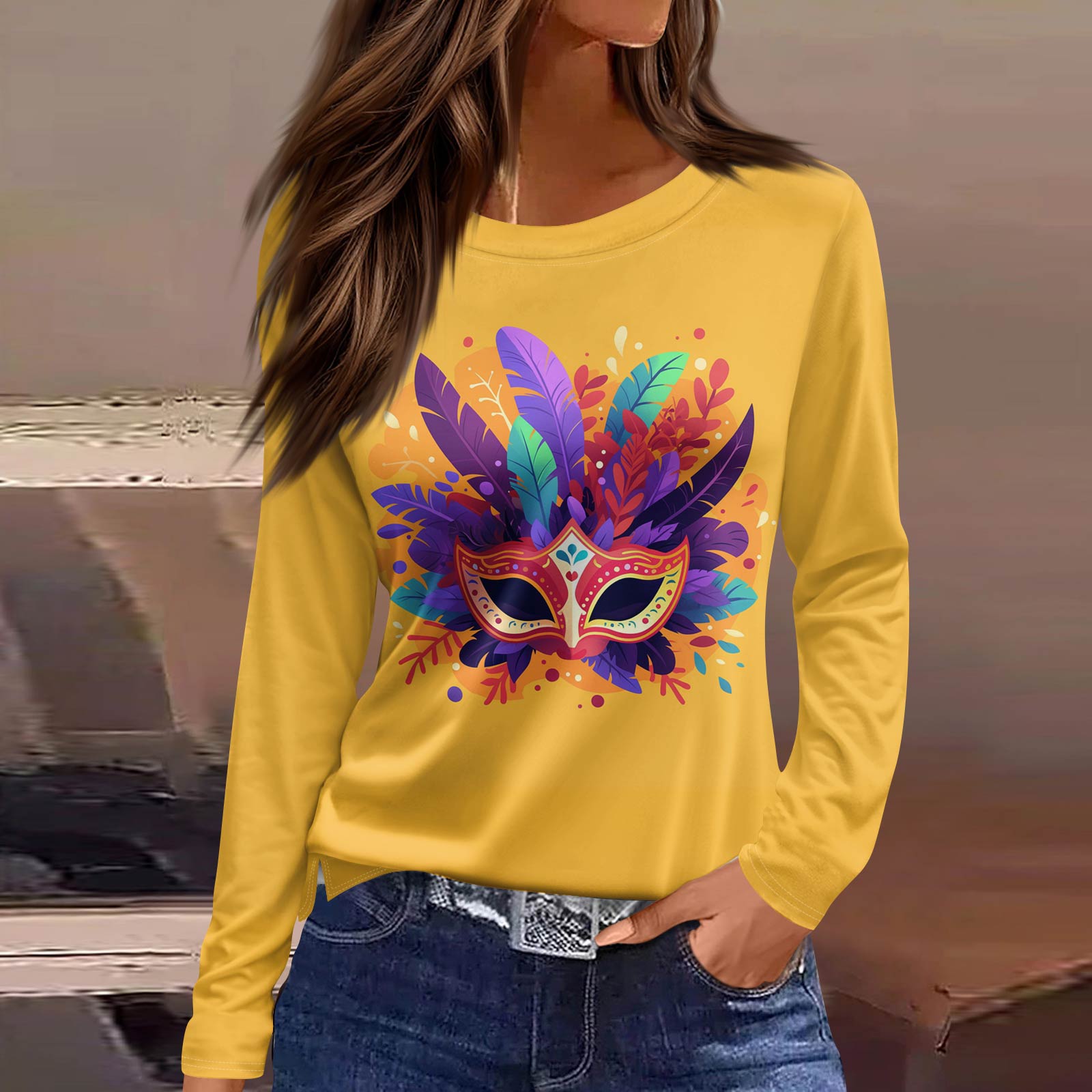 

Women s Fashionable Casual Neck Long Sleeve Hem Split Carnival Print T-Shirt Top XL жовтий