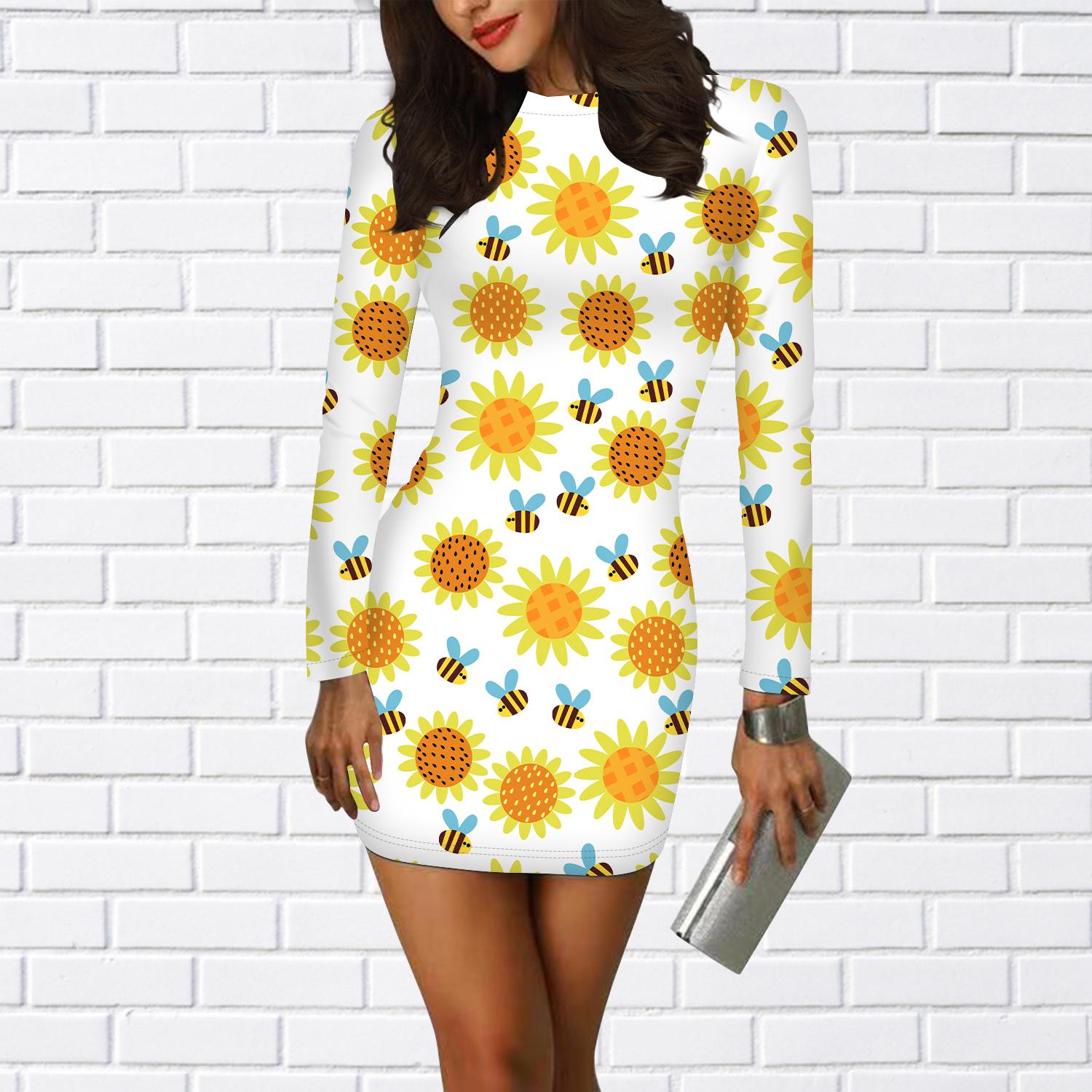 

Длинные рукава облегающее платье с принтом 3D желтого подсолнуха женские мини-платья осенние облегающие эластичные вечерние платья L жёлтый