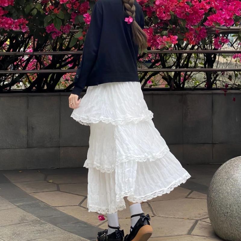 Women's Spring Balletcore Sweet White Lace-Trimmed Chiffon Tiered Puffy Maxi Skirt - High-Waist Tutu Style Half Skirt