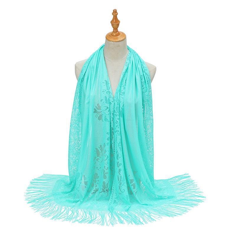 

Европейский и американский однотонный шелковый шарф-хиджаб с кисточками и кружевом - летняя шаль для женщин озеро зеленый