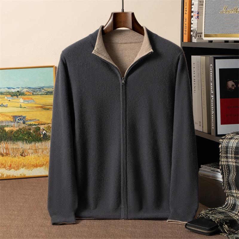 Twelve-pin heavy-duty thickened double-sided double-pierced cashmere cardigan men's stand-up neck sweater jacket