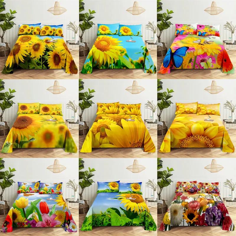 Sunflower Bed Sheet Sets Bouble Single Beds Flower Bedsheet with Pillow Case Full Queen Size 2pcs 3pcs 3D Soft Thin Fabric Home