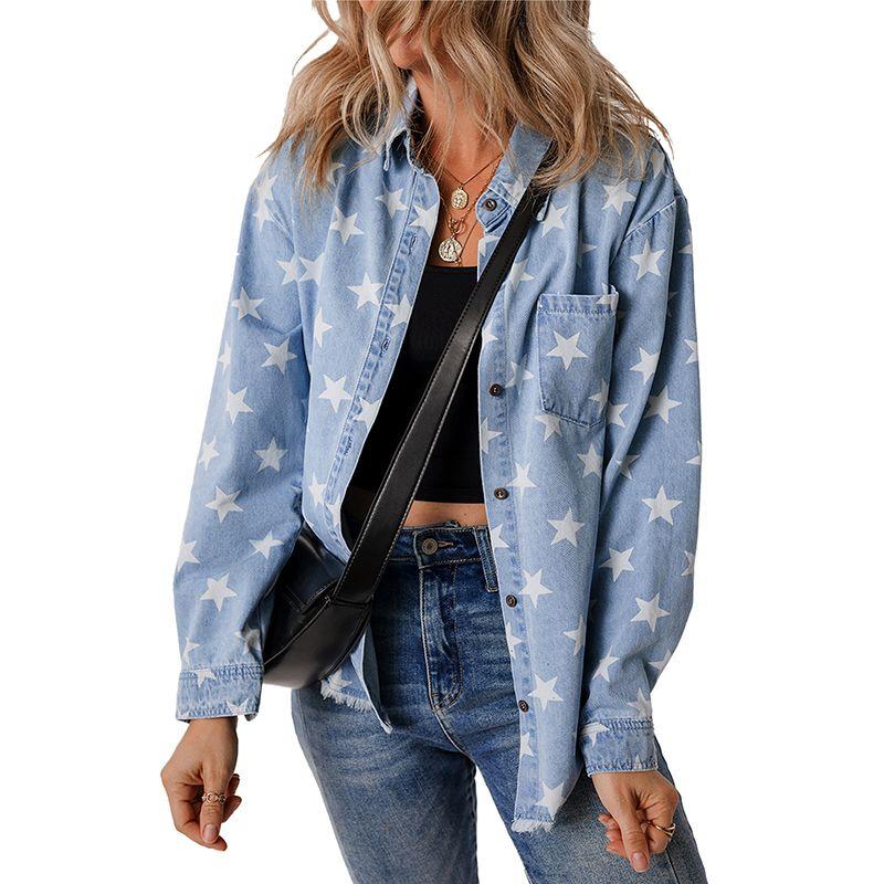 

American Shiying Spring New XINGX Print Demin shirt Women 2025 Trendy Single-Breasted Long sleeve Top Blue Size L fit (62.50 kg-70.00 kg