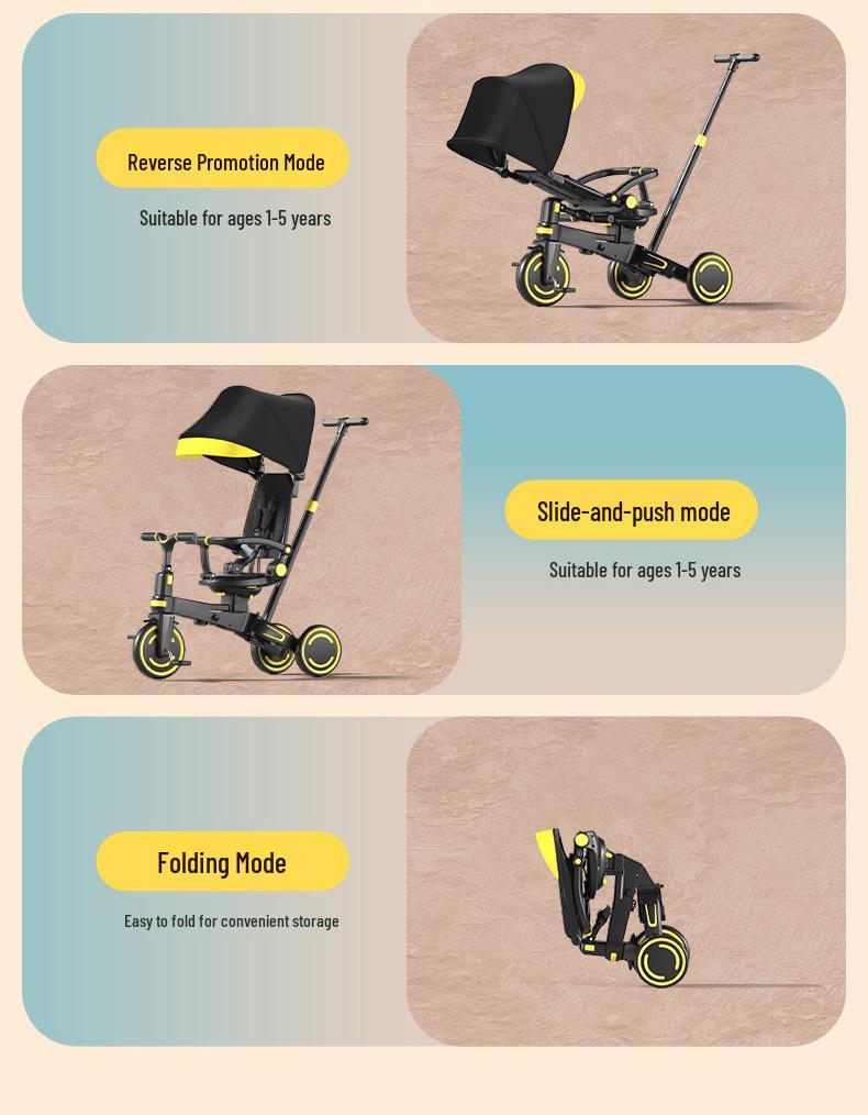 Portable Folding Tricycle with Canopy & Storage for Ages 1-6 - Multi-Form Baby Stroller Bike