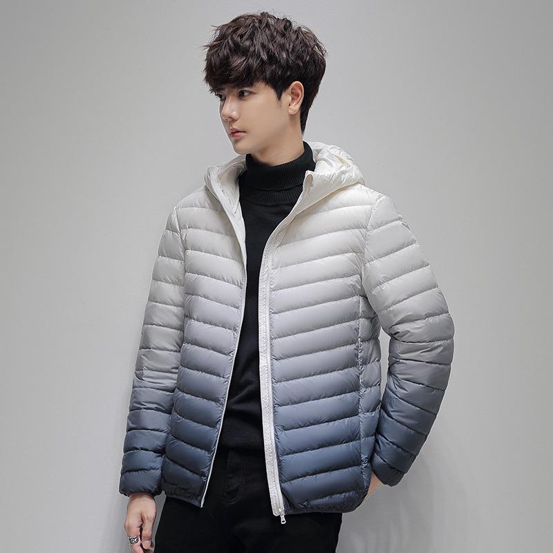 Light Down Jacket Men's Short Autumn and Winter Green Gradual Change Hooded Thin Light Cold Warm White Duck Down Jacket