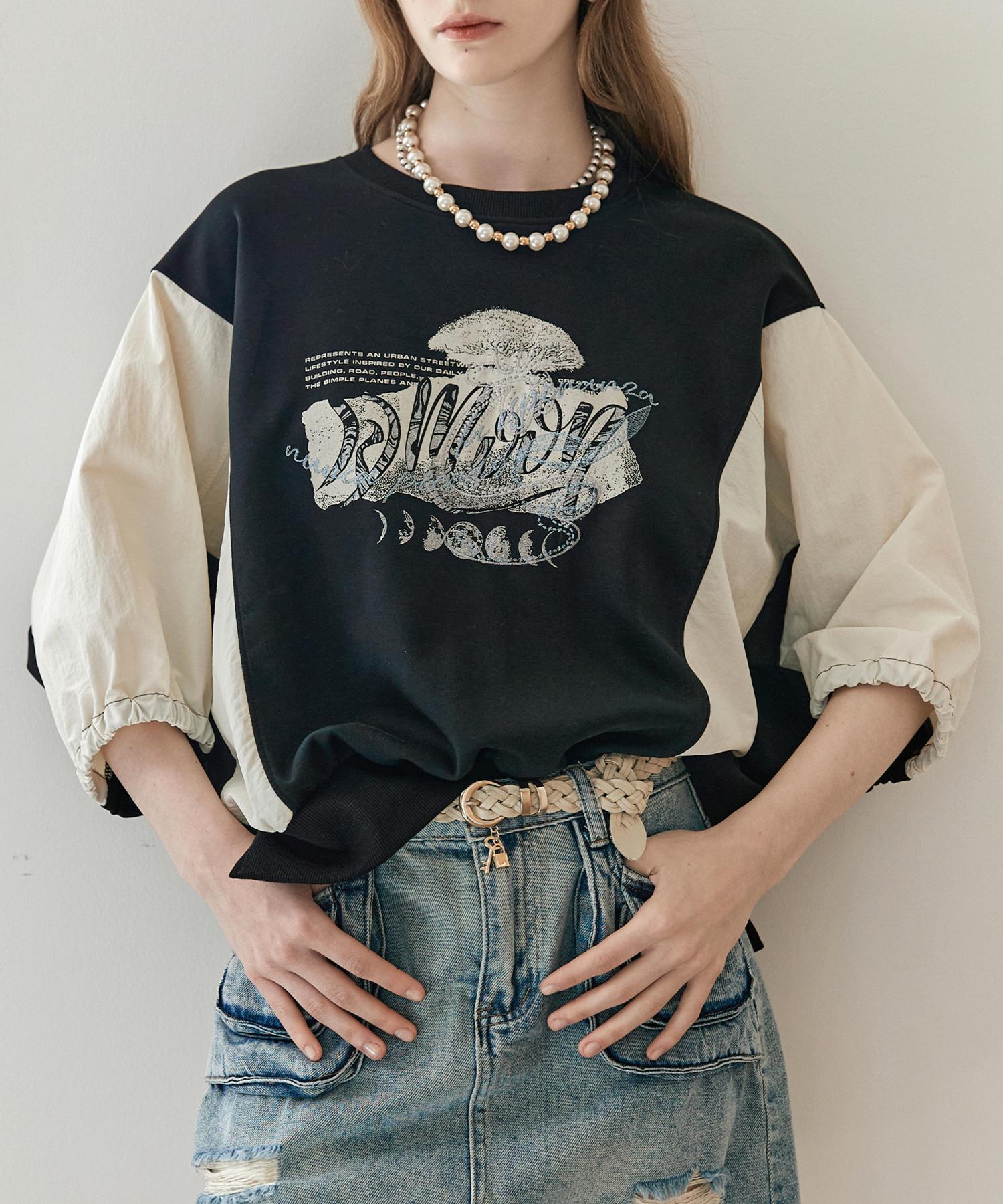 Maja Lettering Embroidered Colorblock T-Shirt Black/Free