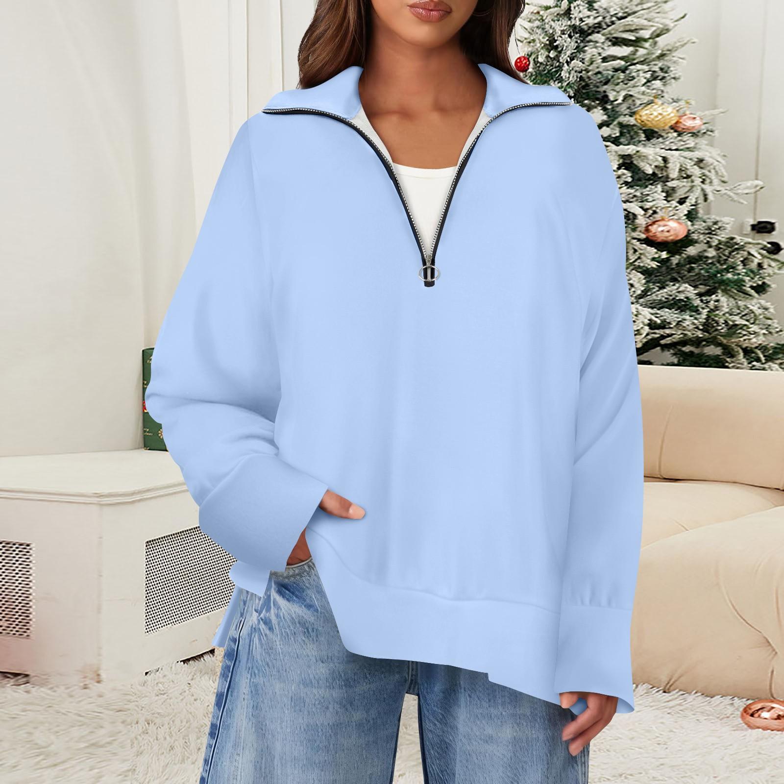 

Женский повседневный однотонный пуловер с застежкой-молнией на лацкане и боковыми разрезами, модная одежда XL