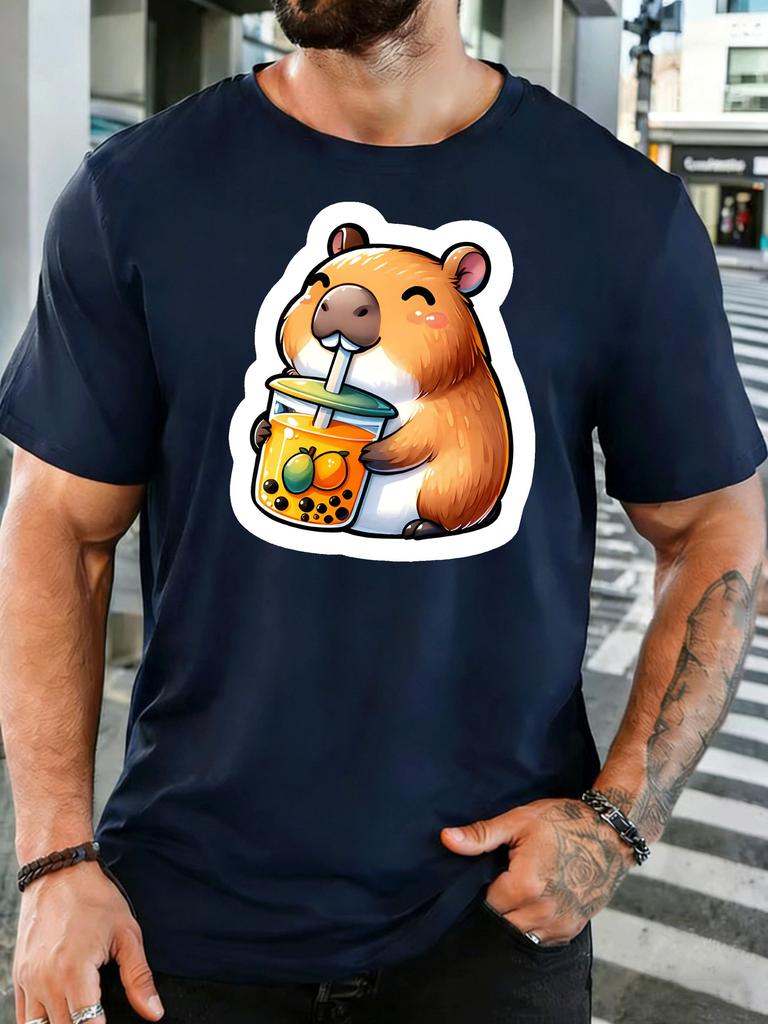 Cute Capybara Drinking Unisexgo Tea Unisexs Front Print T Shirt Kawaii Rodent Graphic Tee Casual Short Sleeve Top Bubble Tea Fan Gift