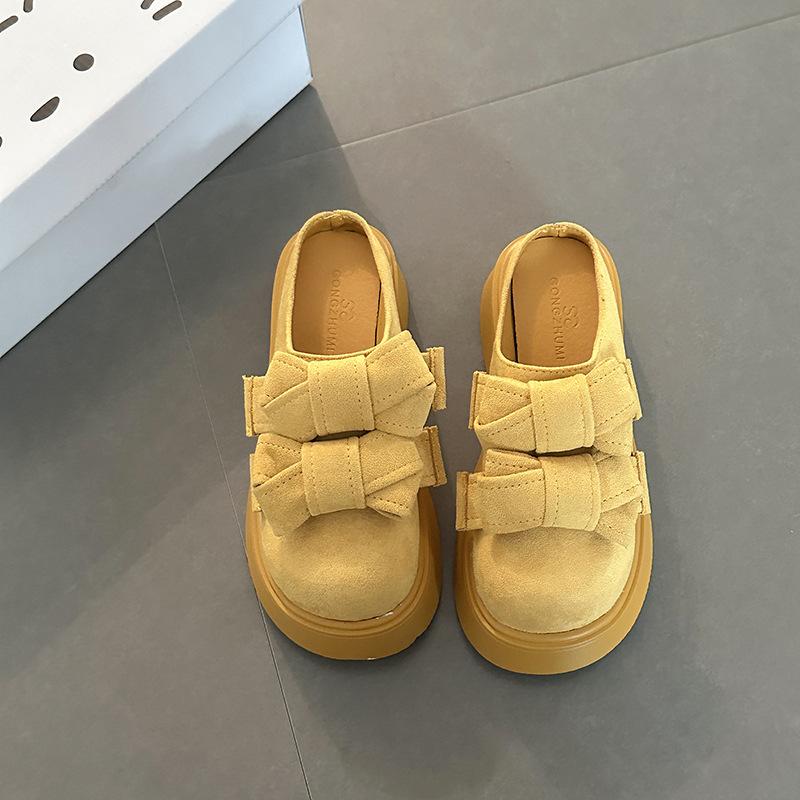 Design sense versatile single shoes bow thick-soled bag head half slippers women's summer fashion solid color suede lazy slippers