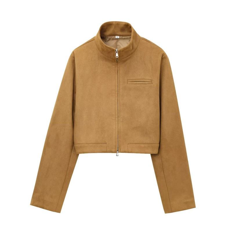 Womens Faux Suede Collar Jacket With Front Pockets Classic Single-Breasted Design 2025 Urban Chic Outerwear