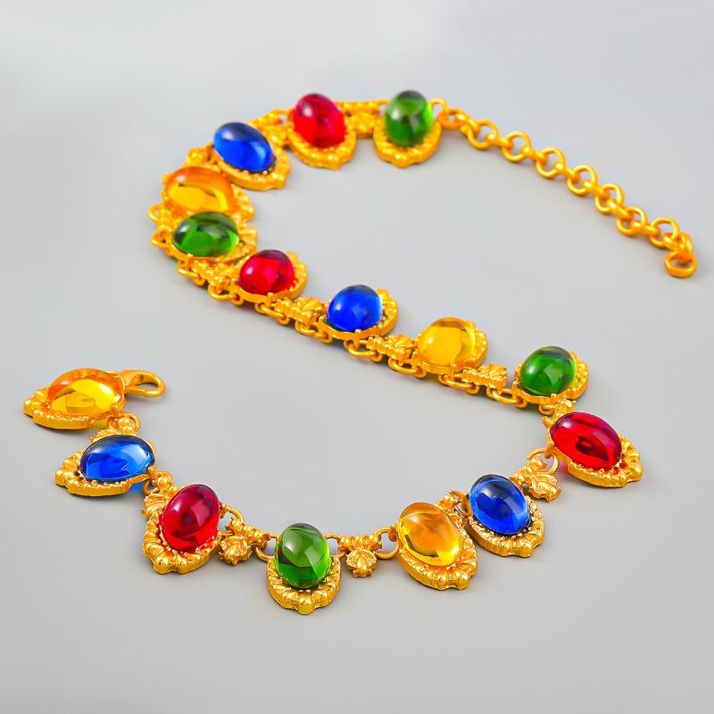 Stylish Vintage Exaggerated Colorful Oval Resin Necklace Female Bohemian Hip Hop Accessories Sweater Chain