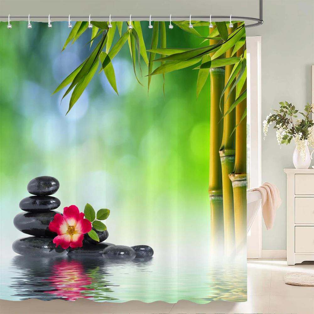 3D Flower Bamboo Pebble Water Green Plant Shower Curtain Waterproof Polyester Curtain Home Decoration