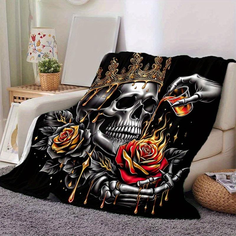 

1pc Golden Crowned Skull with Roses Blanket Soft Throw for Room Decor, Perfect Gift 80x120cm