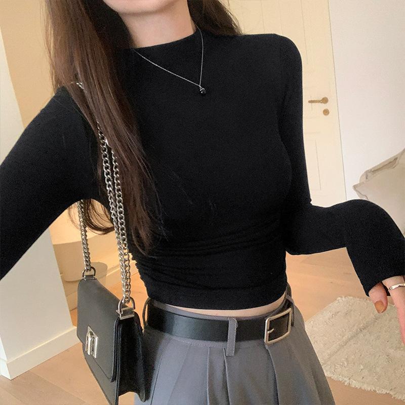 

Hot Girl Slim Slim Футболка с длинными рукавами Женская осенняя новинка с полувысоким воротником и коротким плиссированным низом Рубашка Верх XL