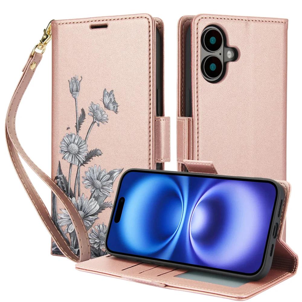 Flip Wallet with Card Holder Phone Case for IPhone 16E 16 15 14 Plus 13 12 11 Pro Max XS XR X 7 8 Wrist Strap Leather Cover