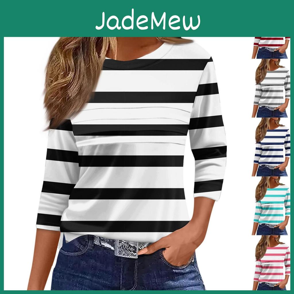 Womens Fashion Loose Casual 34 Sleeve Striped Printed Round Neck Top