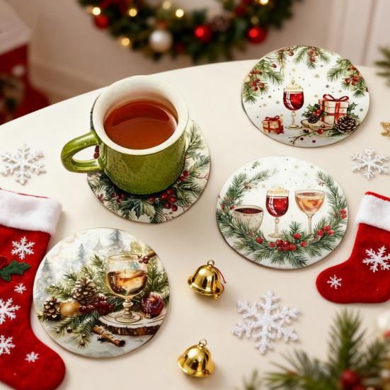 6Pcs/Set Christmas Coaster Snow Scene Pine Branch Print Coasters Waterproof Decorative Christmas Table Accessories