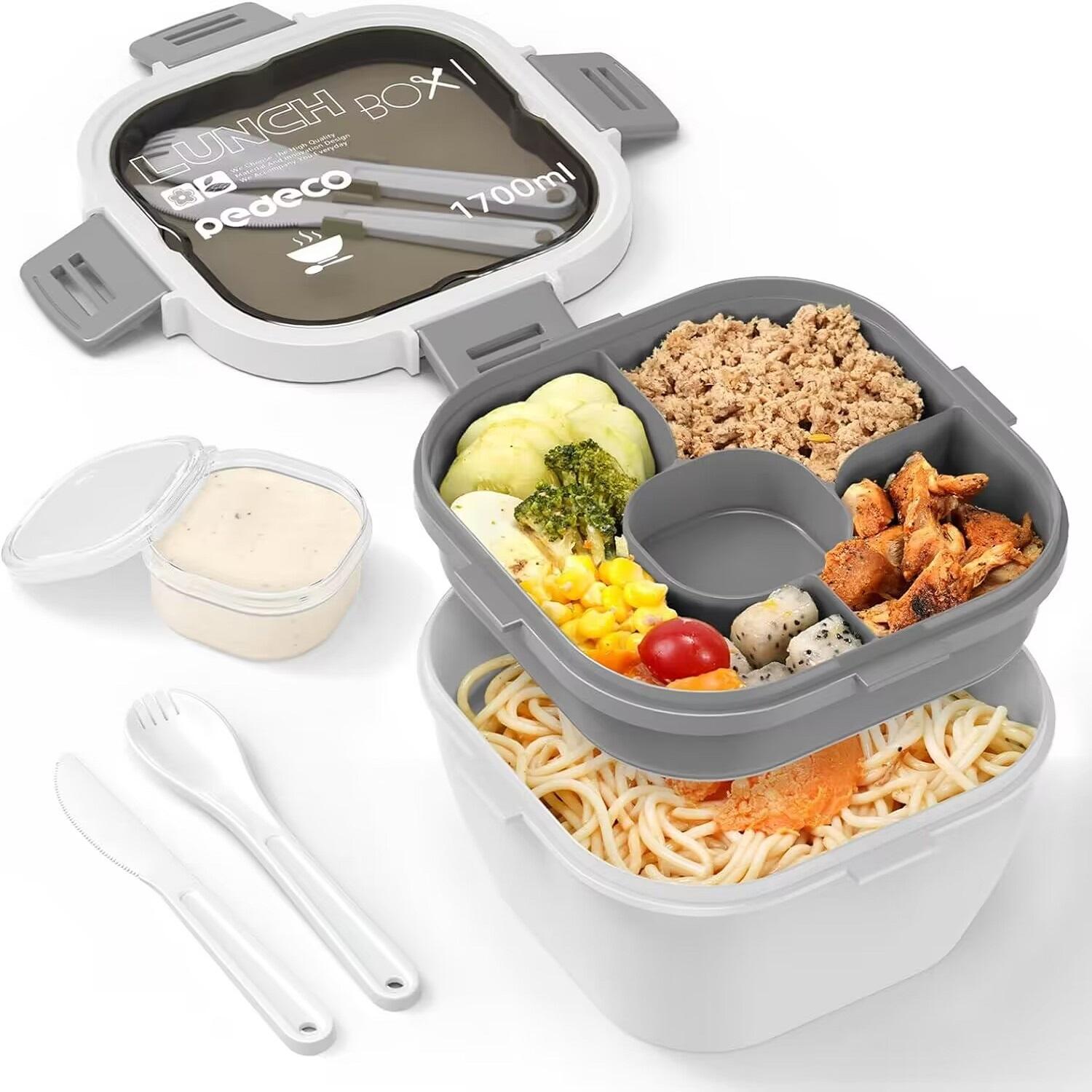 

Контейнер для салата «Все в одном» - Большая салатница, Поддон для бенто-бокса, Герметичный контейнер для соуса, Можно мыть в посудомоечной машине/использовать в микроволновой печи
