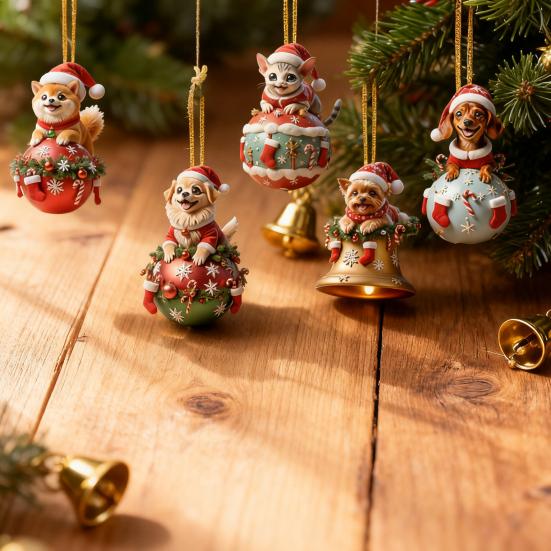 12 Pcs Wooden Christmas Ornaments Cartoon Cat/Dog On The Ball Christmas Hanging Decorations for Xmas Tree Car Window Decor