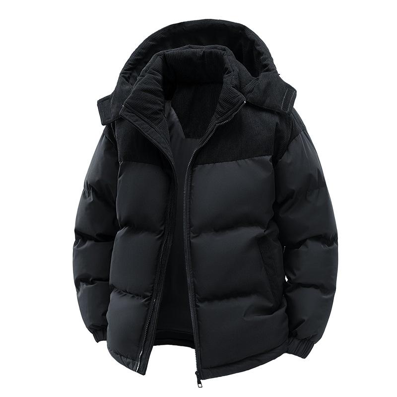 Men's Winter Color Block Hooded Jacket – Windproof Cotton Padded Coat with Plus Velvet Lining